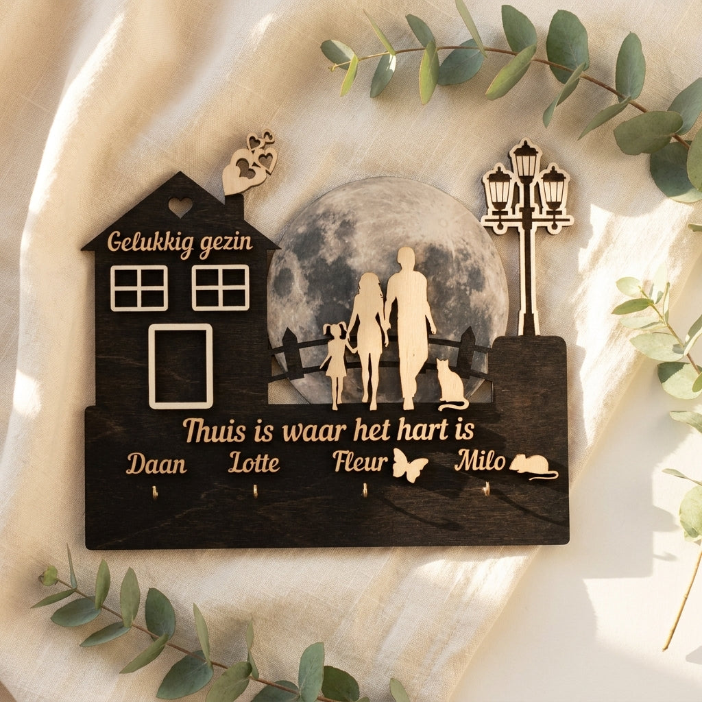 Houten sleutelrek familie – 'Thuis is waar het hart is'