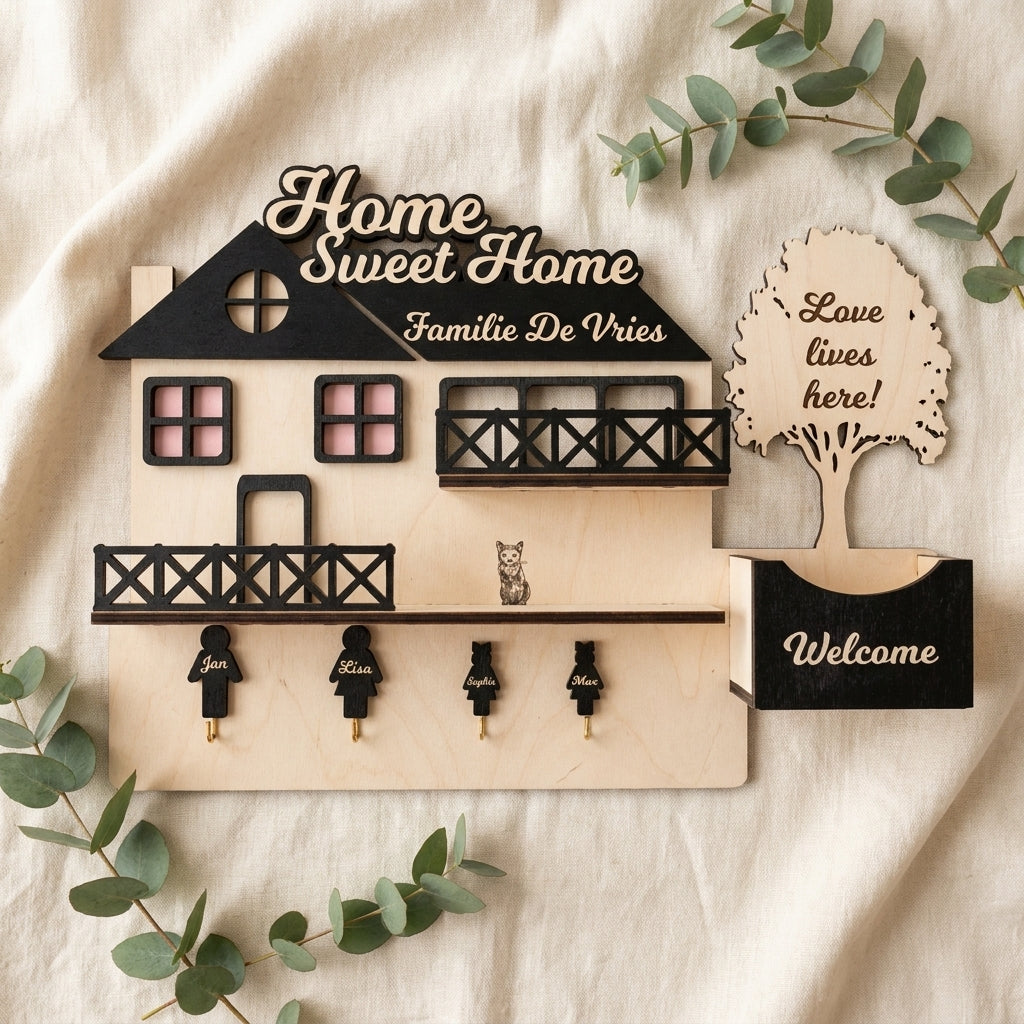 Gepersonaliseerd houten familie sleutelrek