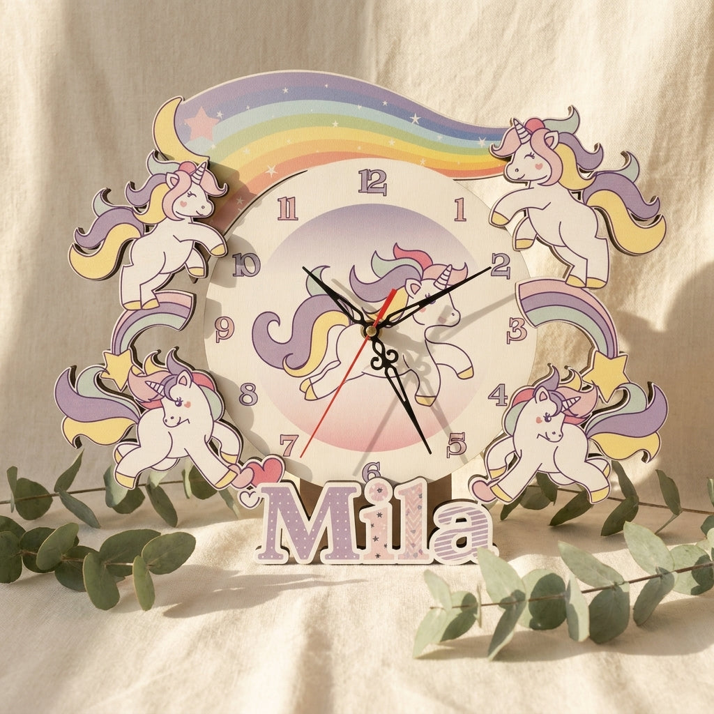 Houten wandklok eenhoorn & regenboog met naam