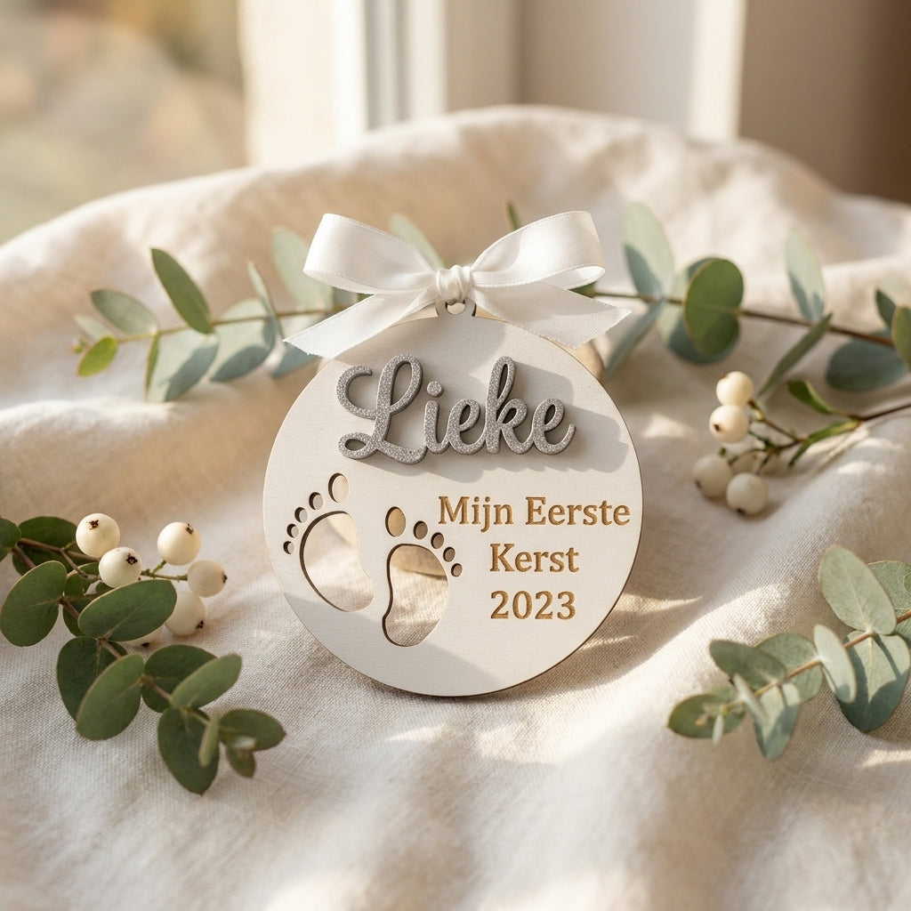 Houten kerstornament baby eerste kerst