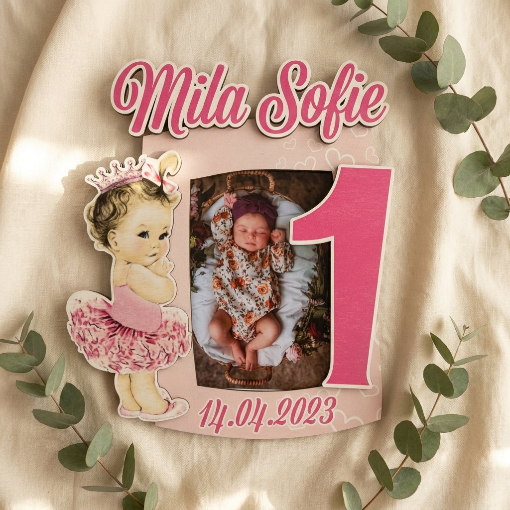 Houten figuurplaquette eerste verjaardag baby