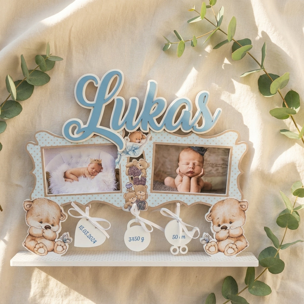 Naamdecoratie met geboortedetails en foto's
