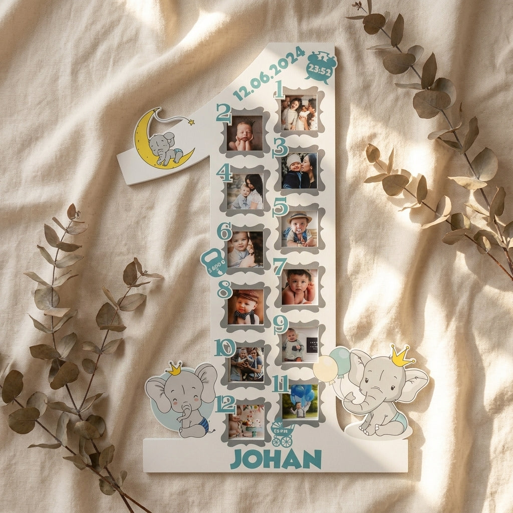 Groot fotokader eerste jaar – cijfer 1 met maandfoto's (olifantjes)