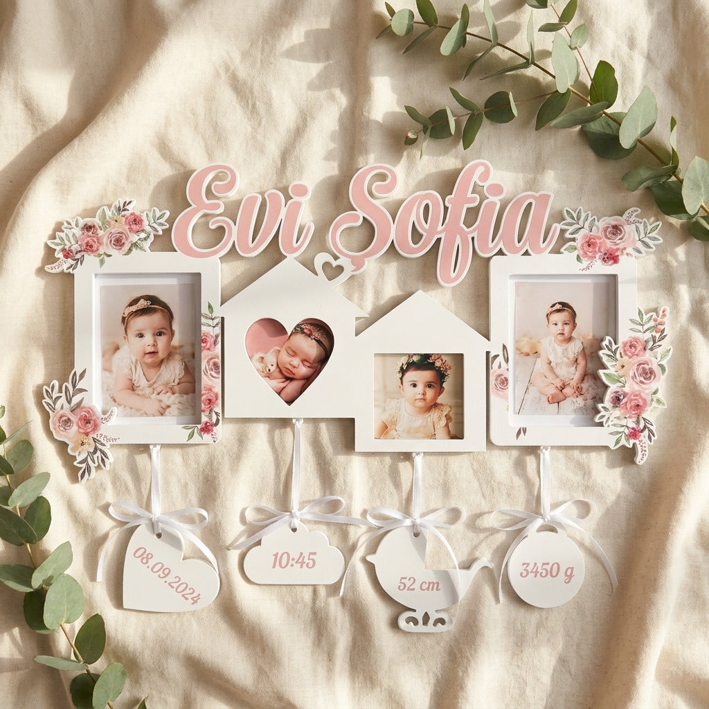 Naamdecoratie met foto's en geboortedetails
