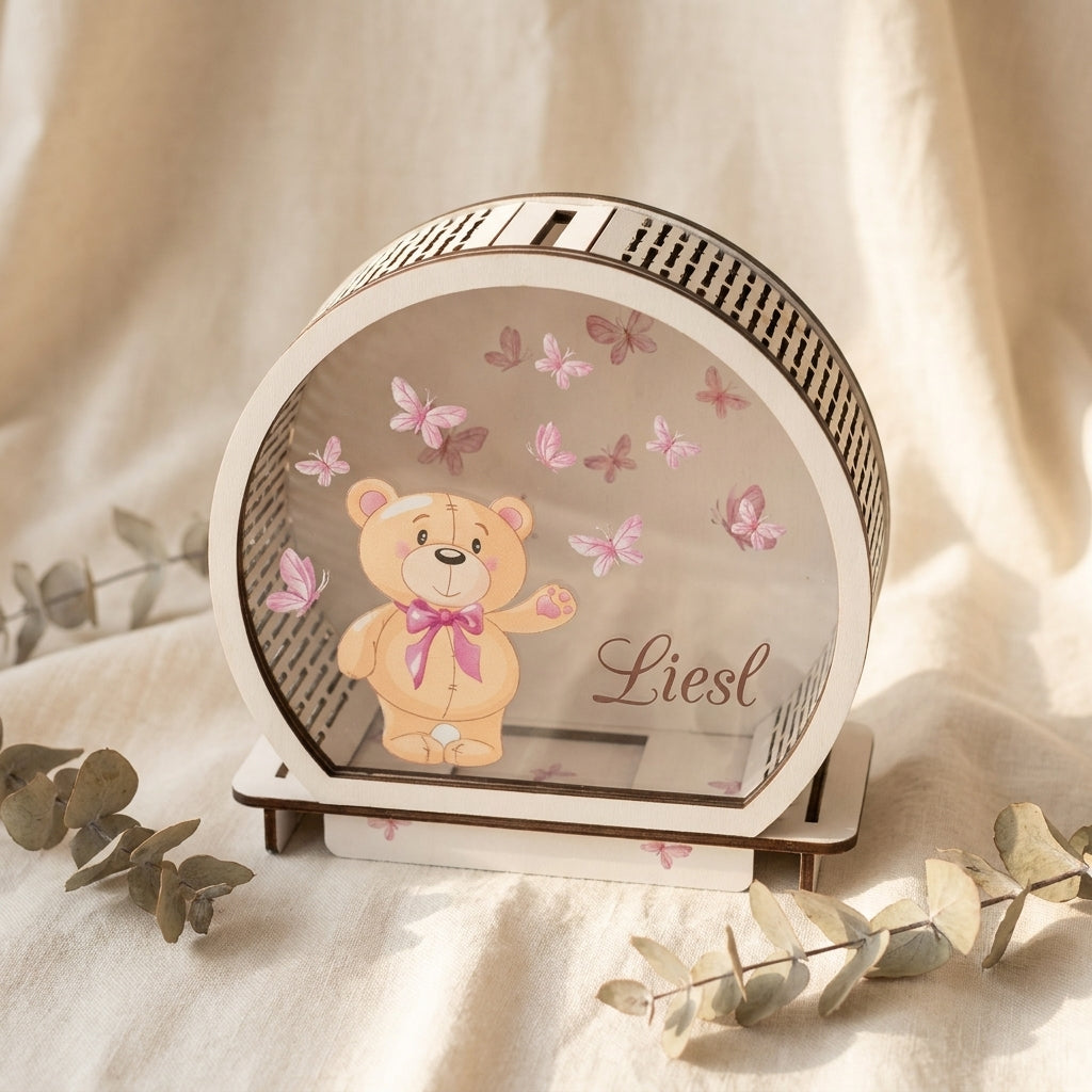 Gepersonaliseerde houten spaarpot met teddybeer