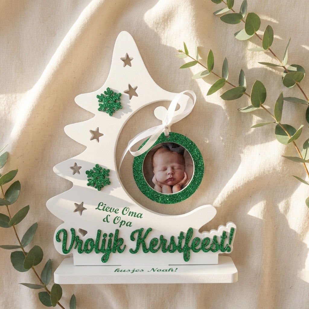 Houten kerstboom fotoplaquette baby