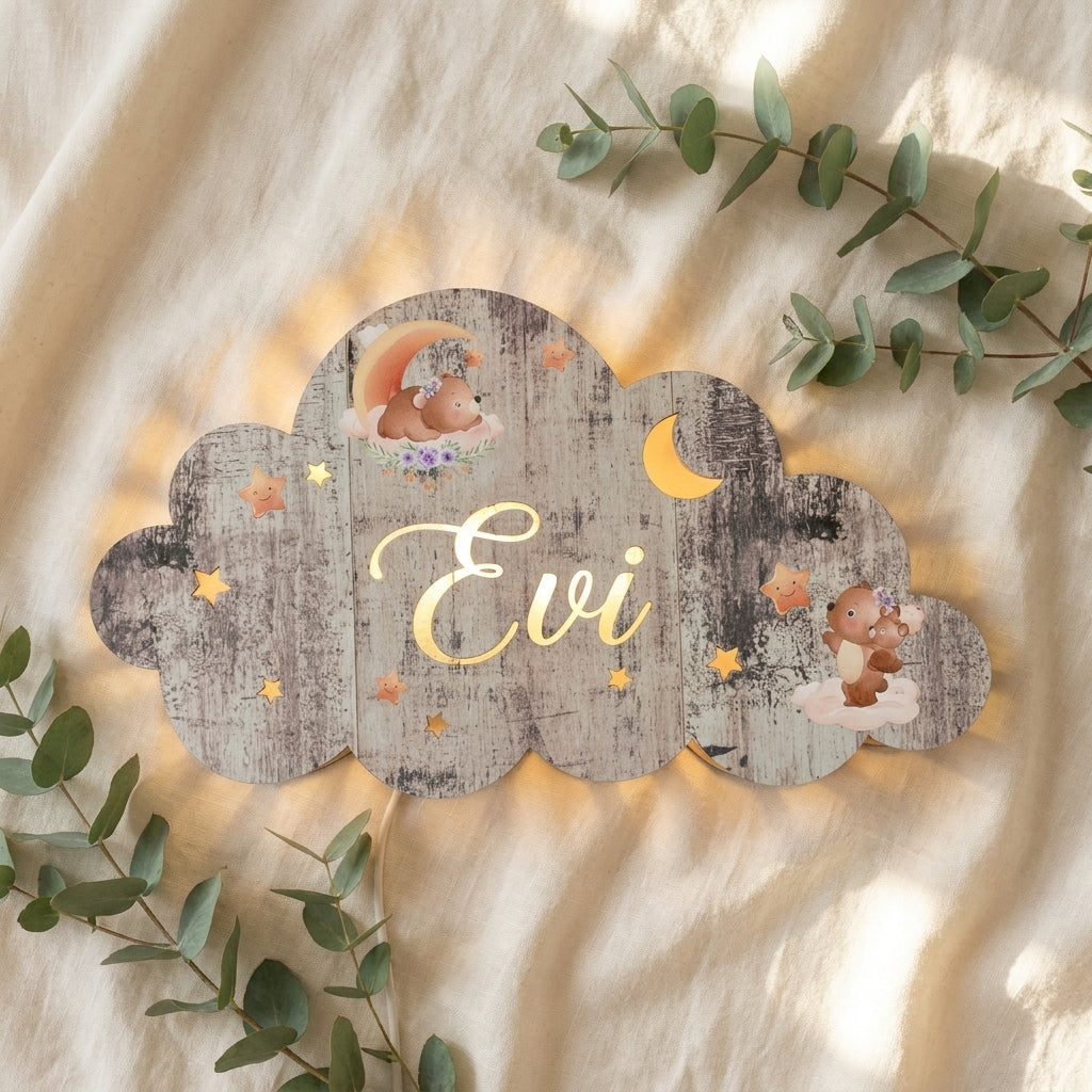 Houten naamdecoratie wolk met verlichting