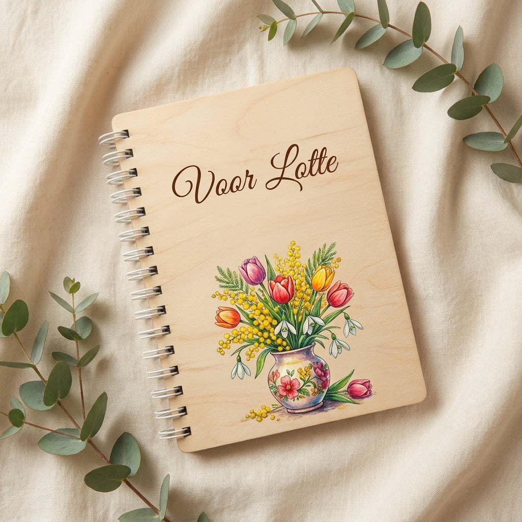 Gepersonaliseerd houten notitieboekje bloemen