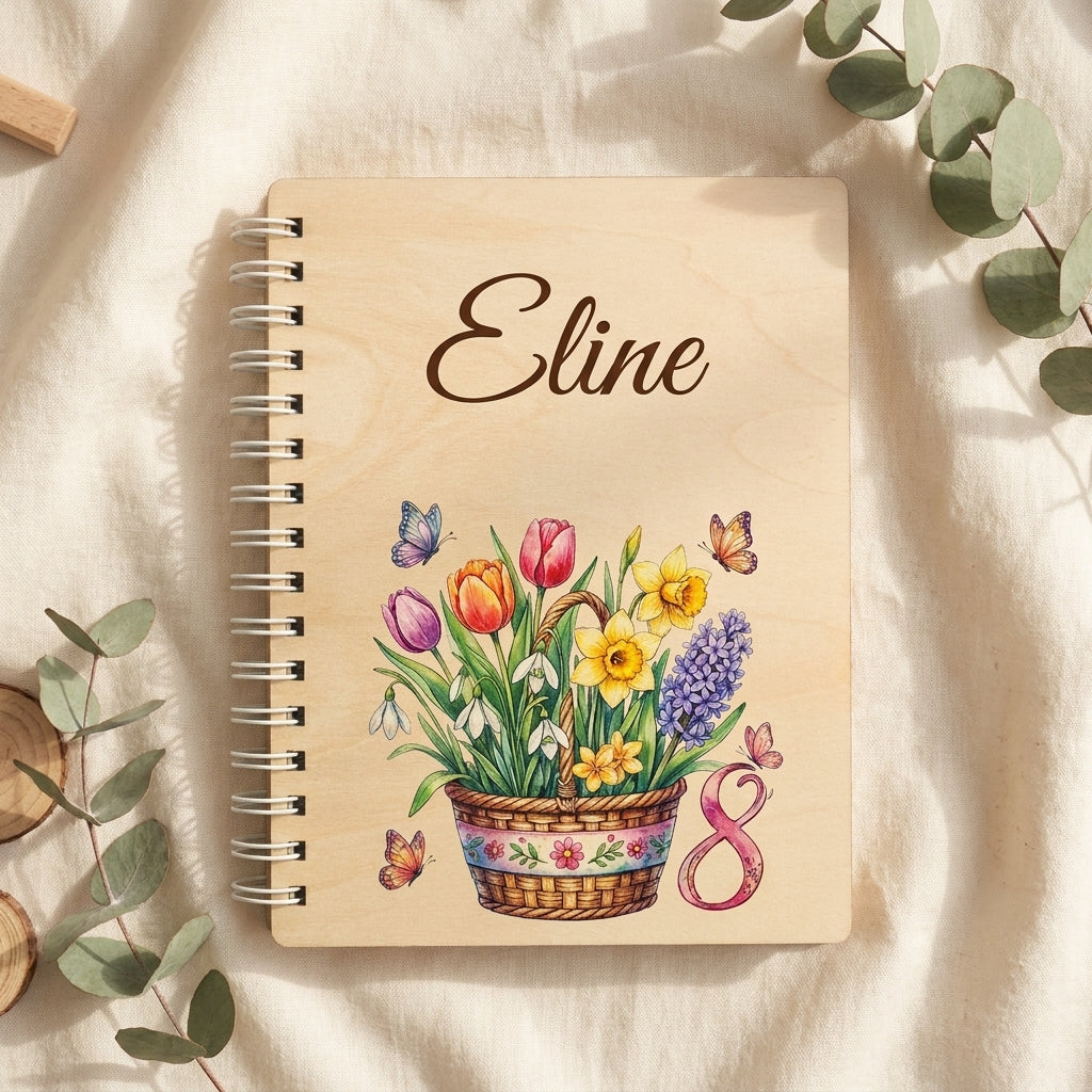 Houten notitieboek met naam – lentebloemen (8 maart)