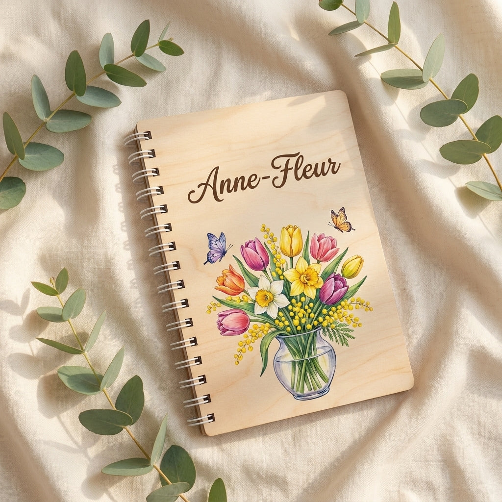Gepersonaliseerd houten notitieboekje bloemen