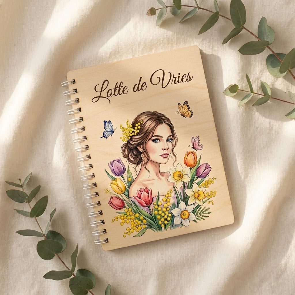 Houten notitieboek Vrouwendag bloemen