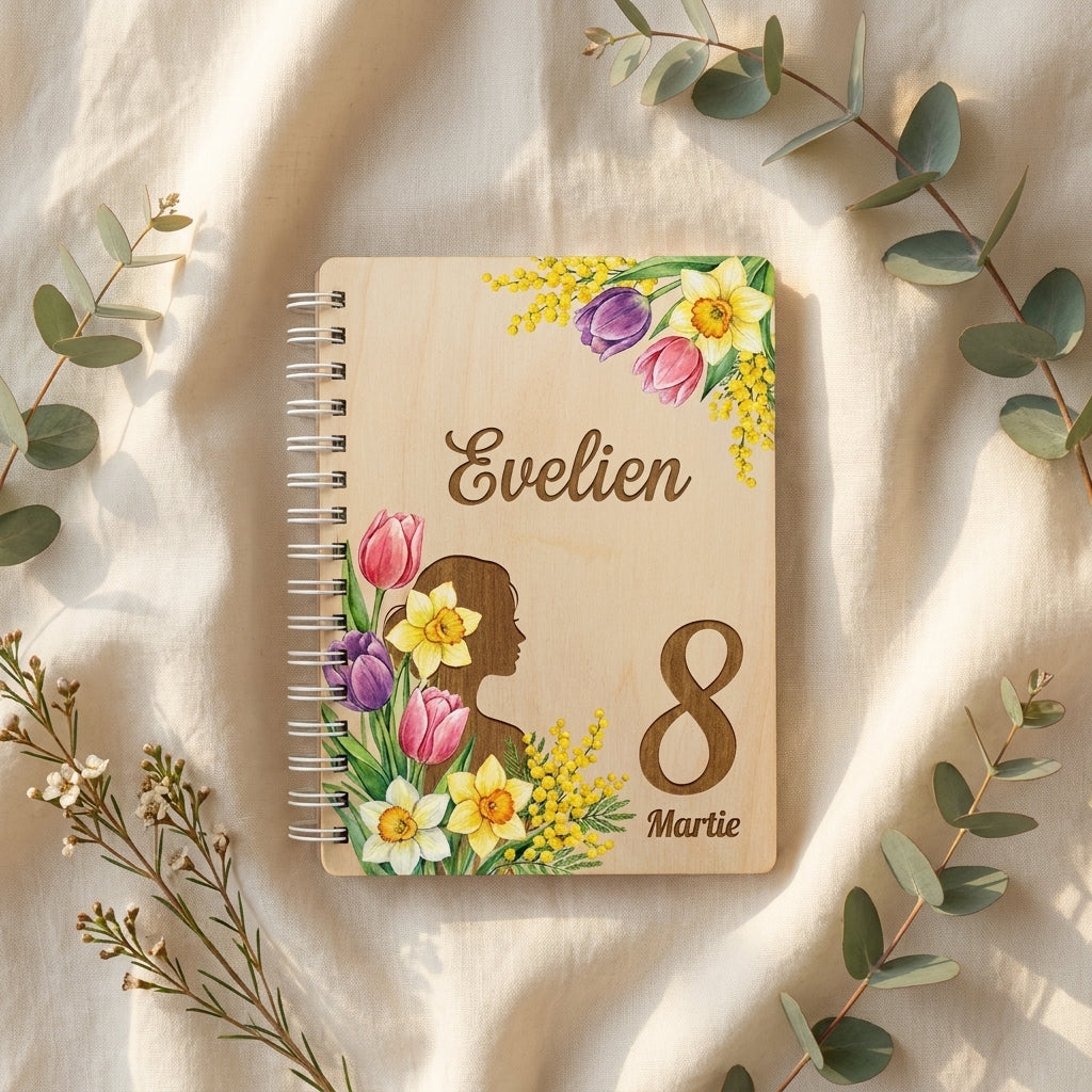 Houten Vrouwendag figuurplaquette met bloemen