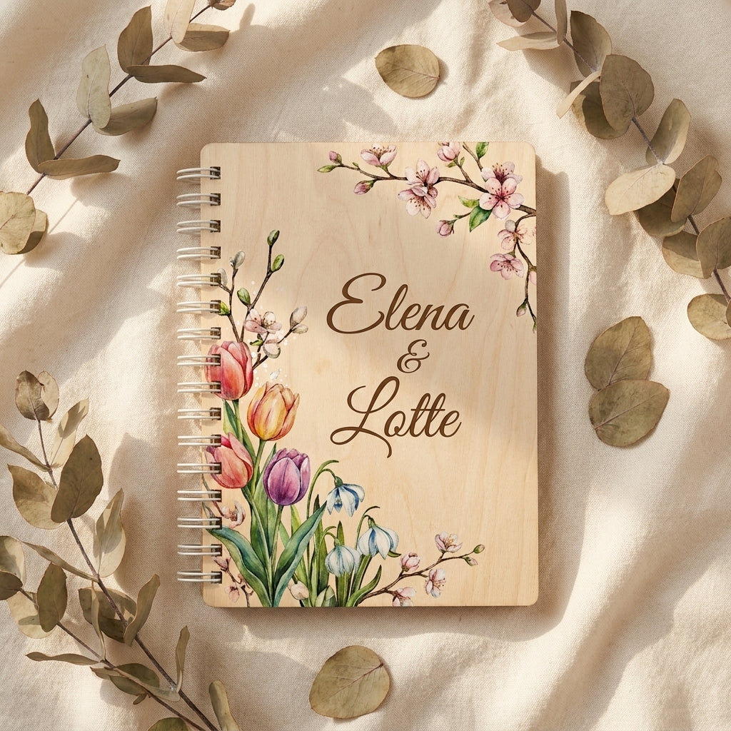 Houten agenda met namen – tulpen & bloesem