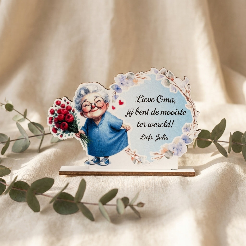Houten figuurplaquette lieve oma