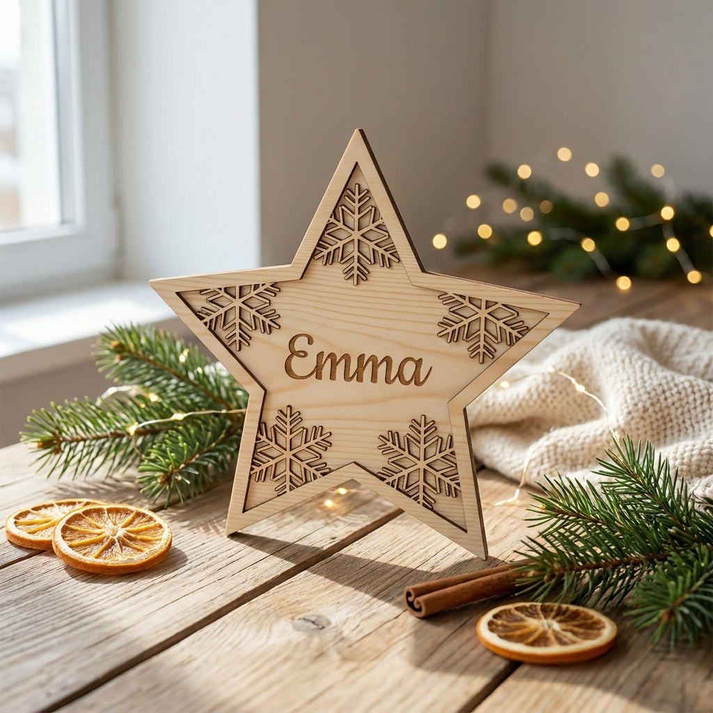 Houten kerstster met gravure