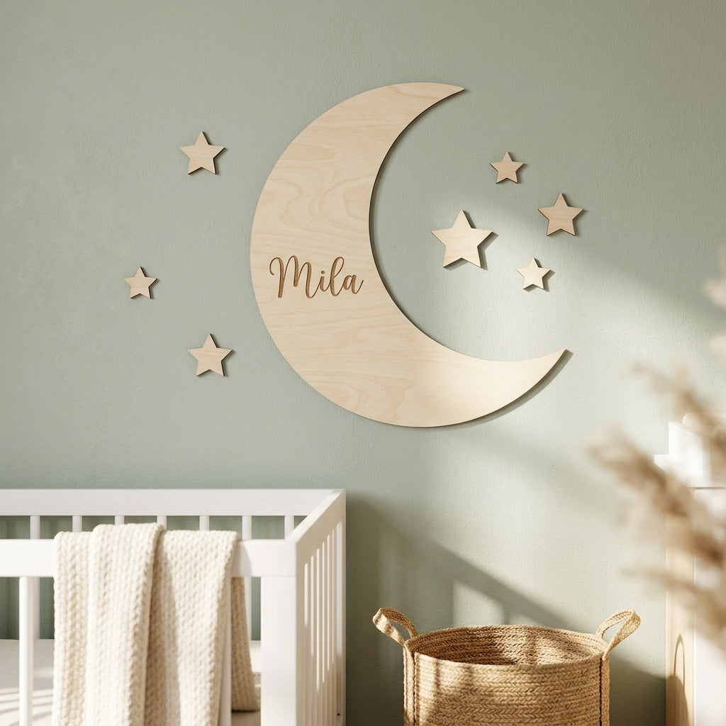 Houten muurdecoratie maan en sterren